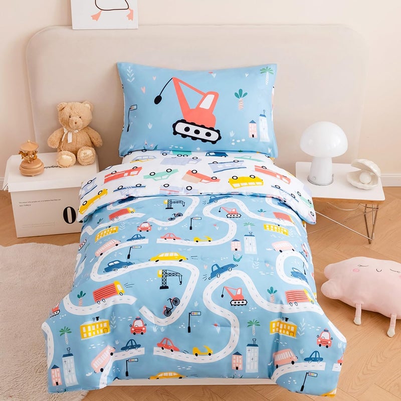 PERFEMET 4-Piece Toddler Bedding Set Boys Cars Toddler Comforter with Sheets Reversible Lightweight Blue Vehicles Toddler Bed Set for Crib(Blue, Cars) - Image 1